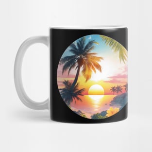 Serenity's Embrace: A Photorealistic Masterpiece of a Majestic Palm Tree and Flowers at Sunset Mug